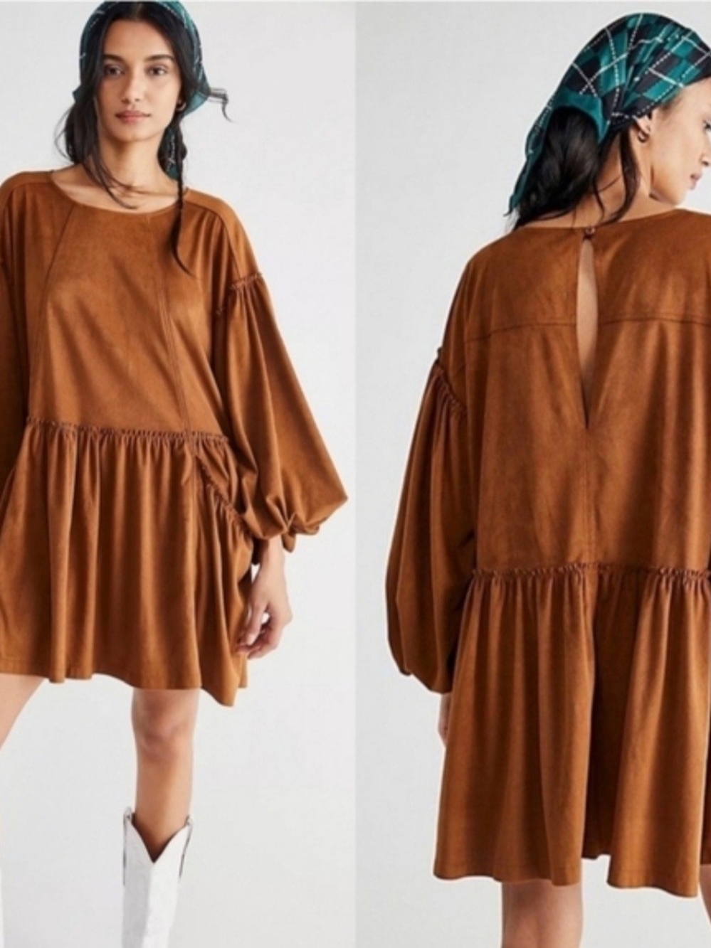 FREE PEOPLE ABBIE VEGAN SUEDE MINI DRESS BROWN SIZE L OVERSIZED BOHO